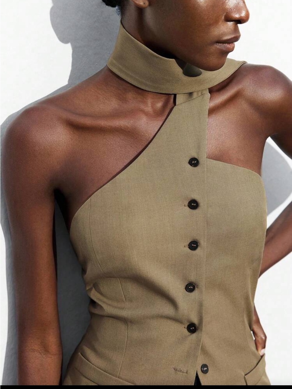 Coffee Brown Asymmetric Neckline Dress with Button Front